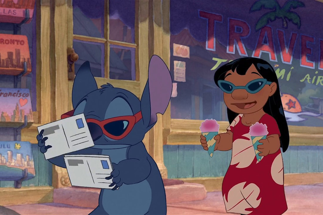 Stitch looks at postcards while Lilo holds two snowcones