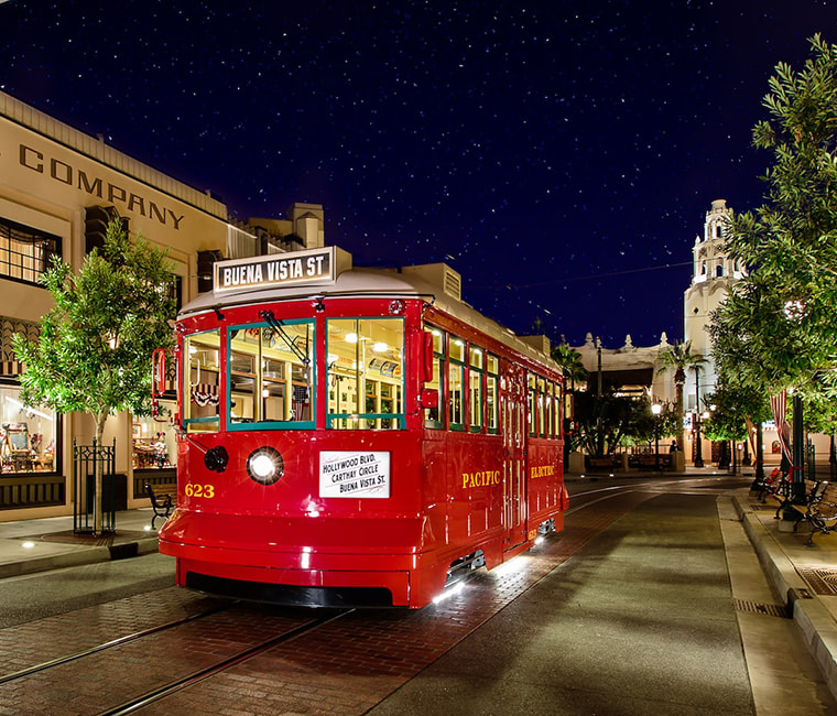 Red Car Trolley at night in Disney's California Adventure